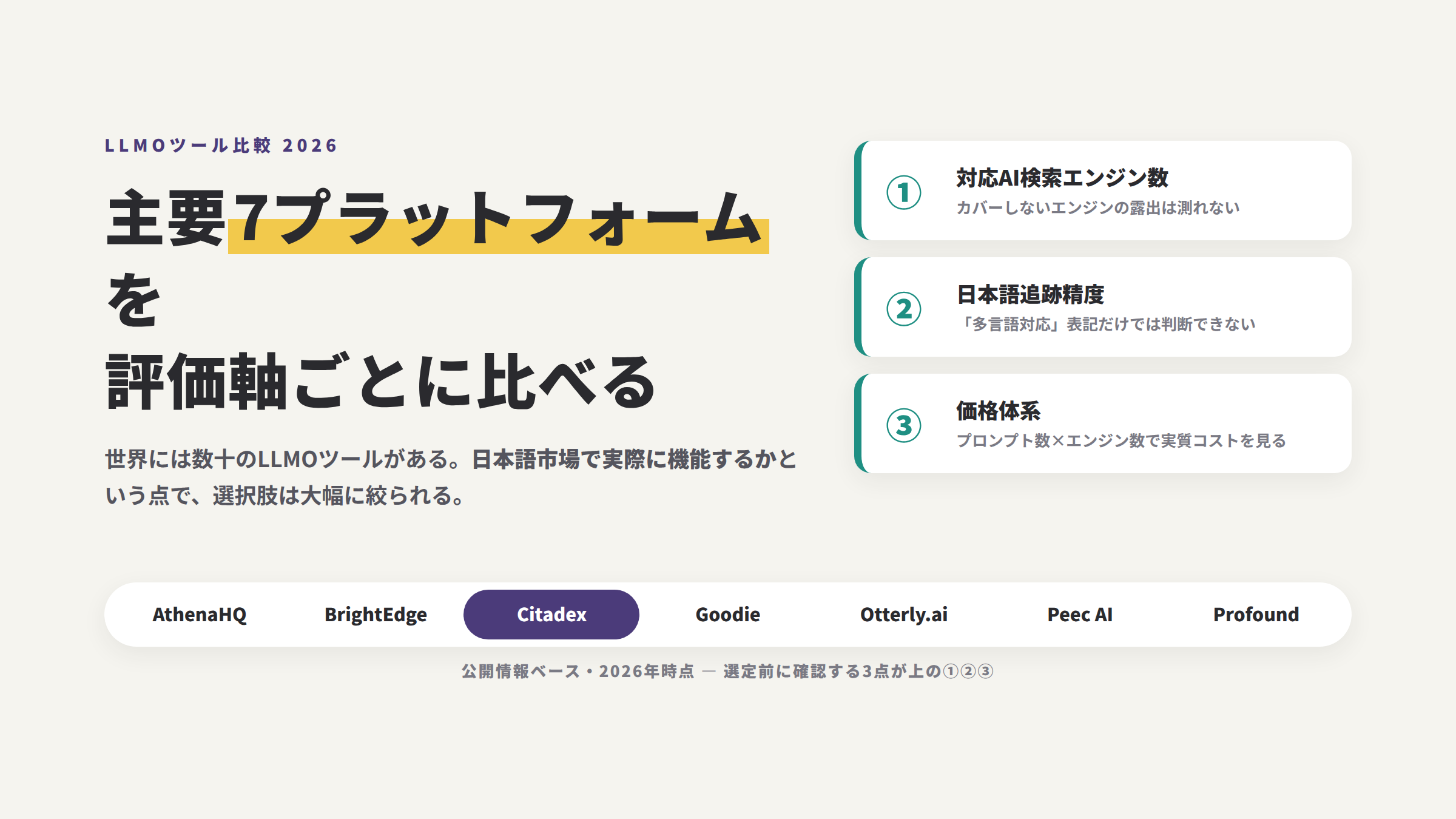 LLMOツール比較2026：主要7プラットフォームを評価